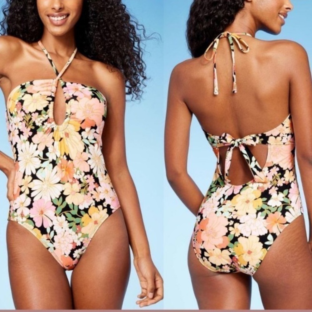 Shade and Shore Halter keyhole bandeau Floral one pice size medium (8-10)
